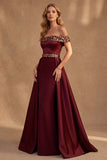 Vestido formal largo de satén en línea A burdeos con lentejuelas
