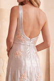 Vestido formal plateado de línea A, un hombro largo, con aplicaciones