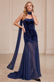 Vestido largo de corte largo de terciopelo sirena de terciopelo de sirena sin tirantes