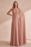 Vestido formal largo largo con cuentas de un solo hombro y gasa en A