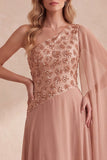 Vestido formal largo largo con cuentas de un solo hombro y gasa en A