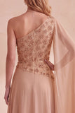 Vestido formal largo largo con cuentas de un solo hombro y gasa en A