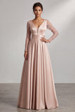 Vestido Maxi Mother of the Bride con lentejuelas y mangas largas de cuello en V con blush y lentejuelas