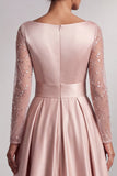 Vestido Maxi Mother of the Bride con lentejuelas y mangas largas de cuello en V con blush y lentejuelas