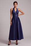 Vestido formal midi de satén fruncido en A-Line de línea en A azul oscuro