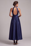 Vestido formal midi de satén fruncido en A-Line de línea en A azul oscuro