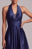 Vestido formal midi de satén fruncido en A-Line de línea en A azul oscuro