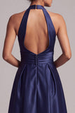 Vestido formal midi de satén fruncido en A-Line de línea en A azul oscuro