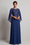 Vestido largo de chiffon estampado azul marino para madre de la novia de corte en A con mangas aleteadas