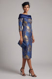 Vestido de madre de la novia azul real con estampado de funda al hombro y mangas 3/4