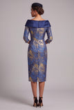 Vestido de madre de la novia azul real con estampado de funda al hombro y mangas 3/4