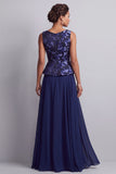 Vestido largo de madre de la novia con escote bateau azul marino con escote en línea A