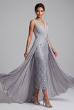 Vestido de madre de la novia, vestido midi de midi de chiffon gris claro con lentejuelas