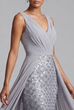 Vestido de madre de la novia, vestido midi de midi de chiffon gris claro con lentejuelas