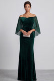 Vestido formal largo de terciopelo con mangas acampanadas en forma de sirena verde oscuro verde oscuro con pedrería