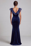 Vestido largo de madre de la novia de terciopelo azul oscuro con escote en V y volantes