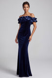Vestido formal largo largo de terciopelo con volantes de sirena azul marino