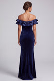 Vestido formal largo largo de terciopelo con volantes de sirena azul marino