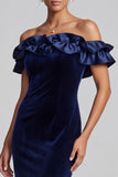 Vestido formal largo largo de terciopelo con volantes de sirena azul marino