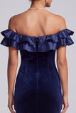 Vestido formal largo largo de terciopelo con volantes de sirena azul marino