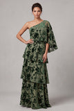 Vestido largo de Madre de la Novia de terciopelo salvia de salvia polvoriento, de un hombro, largo de capa