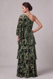Vestido largo de Madre de la Novia de terciopelo salvia de salvia polvoriento, de un hombro, largo de capa