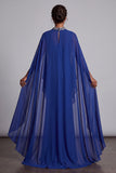 Vestido de madre de la novia, capa de mancha azul oscuro de gasa y cuello alto, con cuentas