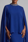 Vestido de madre de la novia, capa de mancha azul oscuro de gasa y cuello alto, con cuentas