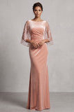 Vestido formal largo de cuello bata de terciopelo sirena con cuello de melocotones y lentejuelas