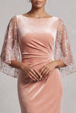 Vestido formal largo de cuello bata de terciopelo sirena con cuello de melocotones y lentejuelas