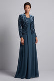 Vestido largo de madre de la novia azul pavo real de dos piezas en línea A con chaqueta bolero de terciopelo