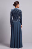 Vestido largo de madre de la novia azul pavo real de dos piezas en línea A con chaqueta bolero de terciopelo
