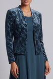 Vestido largo de madre de la novia azul pavo real de dos piezas en línea A con chaqueta bolero de terciopelo