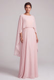 Vestido largo de Madre de la Novia con capa de chiffon, escote bateau de chiffon, color rosa A-Line con cuentas