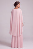 Vestido largo de Madre de la Novia con capa de chiffon, escote bateau de chiffon, color rosa A-Line con cuentas