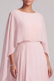 Vestido largo de Madre de la Novia con capa de chiffon, escote bateau de chiffon, color rosa A-Line con cuentas