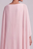 Vestido largo de Madre de la Novia con capa de chiffon, escote bateau de chiffon, color rosa A-Line con cuentas