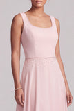 Vestido largo de Madre de la Novia con capa de chiffon, escote bateau de chiffon, color rosa A-Line con cuentas