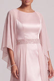 Vestido largo de madre de la novia de chiffon con funda de color rosa y mangas redondas
