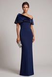 Vestido formal largo de terciopelo de terciopelo azul oscuro asimétrico con pedrería