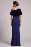 Vestido formal largo de terciopelo de terciopelo azul oscuro asimétrico con pedrería