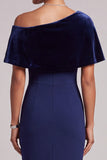 Vestido formal largo de terciopelo de terciopelo azul oscuro asimétrico con pedrería