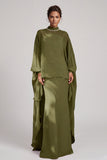 Vestido largo de chiffon de gasa de escote alto con funda oliva y pedrería