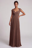 Vestido formal largo de chiffon plisado con encierro en línea A y encierro Coffee