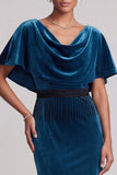 Vestido largo de madre de la novia azul pavo real con cuello de capucha y terciopelo largo