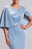 Vestido formal largo de terciopelo de capa de sirena azul claro con flor 3D