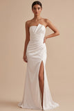 Vestido de novia Maxi de raso sin tirantes y tirantes de sirena blanca con abertura