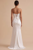 Vestido de novia Maxi de raso sin tirantes y tirantes de sirena blanca con abertura
