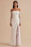 Vestido de novia de manga larga de encaje de satén blanco con funda al hombro y abertura