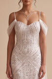 Vestido largo de novia con cuentas con lentejuelas de sirena blanca y lentejuelas
